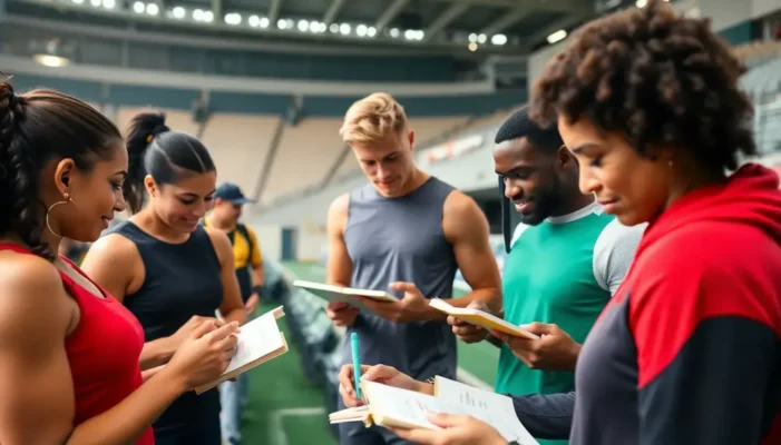 Group of athletes using bullet journals with visible sport stats and achievements, symbolizing teamwork.
