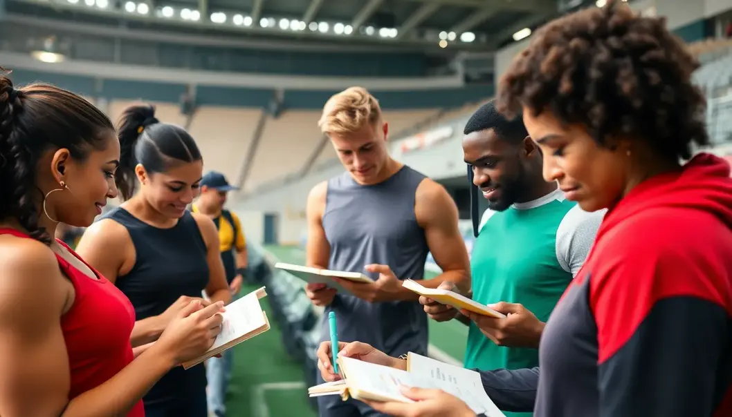 Group of athletes using bullet journals with visible sport stats and achievements, symbolizing teamwork.