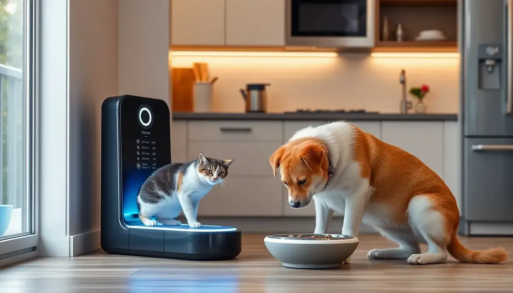 Automated feeding and hydration system for pets in a modern home setting.