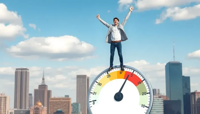 Young adult standing on a credit score gauge, symbolizing mastering credit.