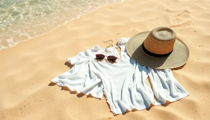 Beach scene with stylish outfits including a cover-up and a straw hat on golden sands.