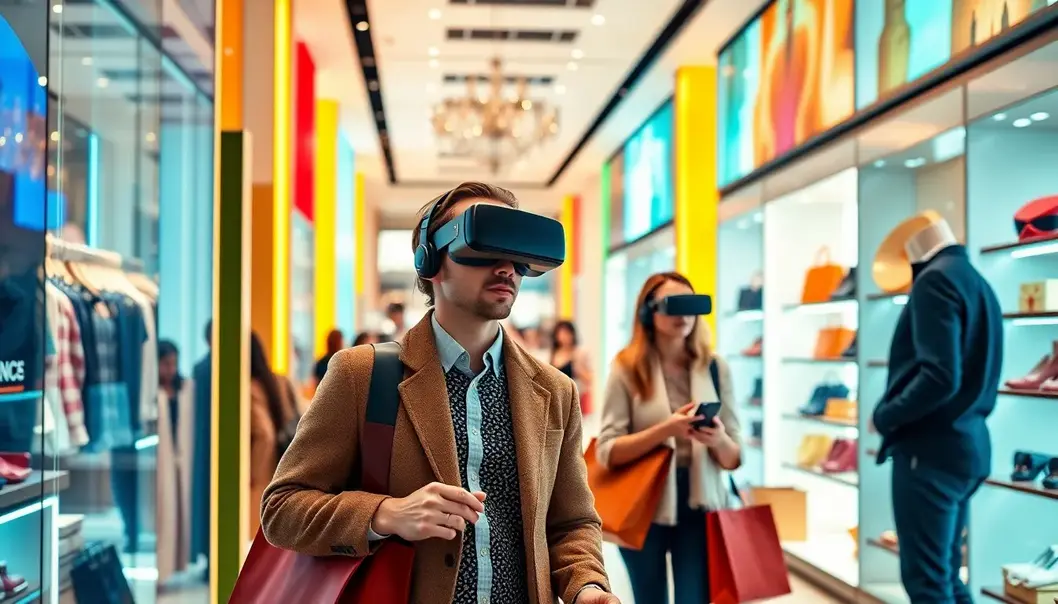 Upscale retail store with luxury shoppers interacting with high-tech services and products.