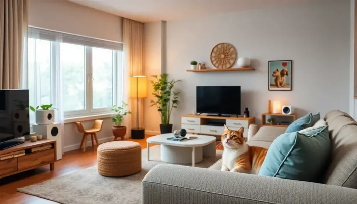 A modern living room featuring smart home technology for pets, including feeding stations and pet cameras.